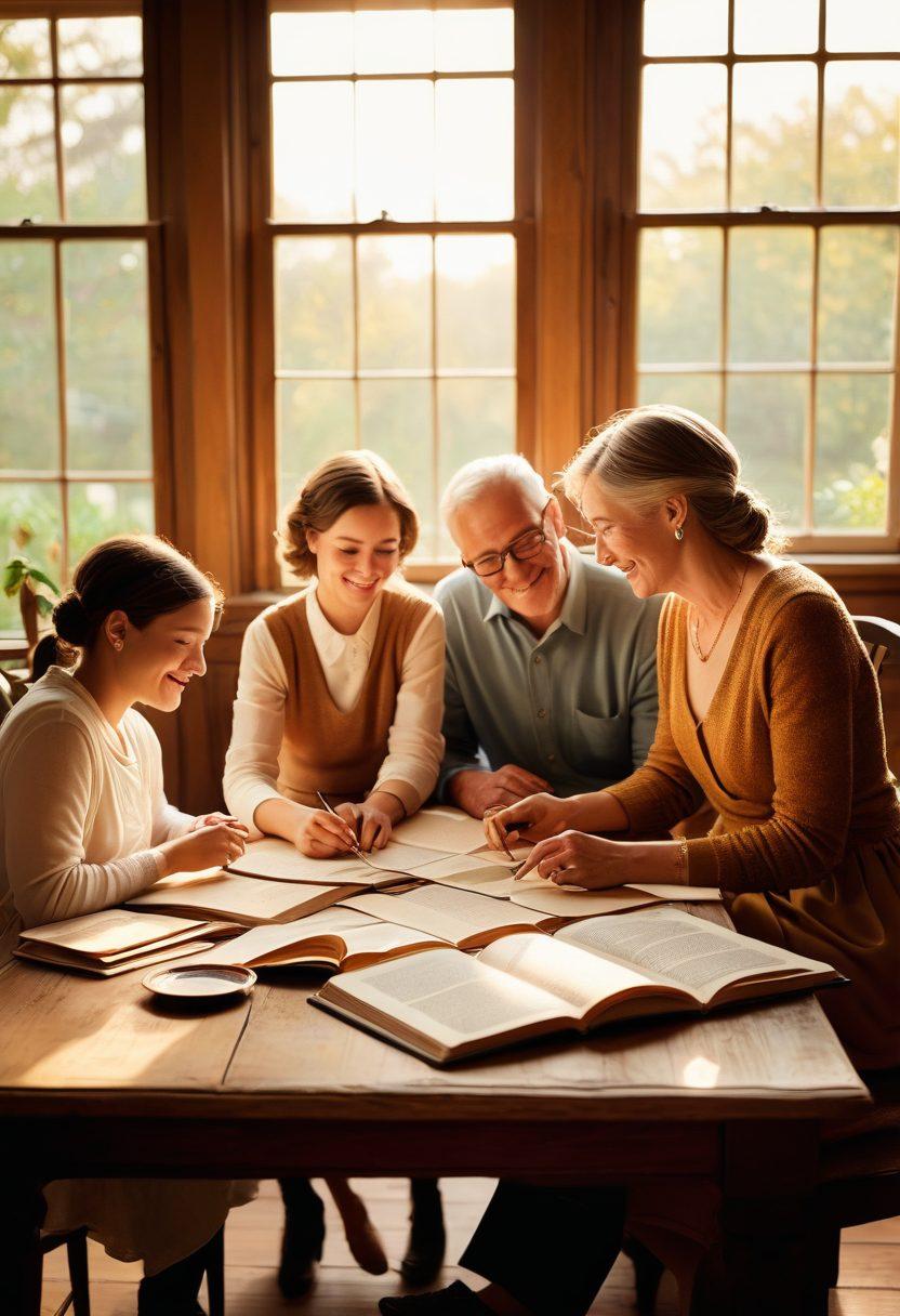 A warm, inviting scene of a multi-generational family gathered around a beautifully crafted wooden table, sharing stories and laughter, with a vintage book open, showcasing handwritten pages filled with memories. Soft golden light filters through a window, illuminating family heirlooms in the background. Rich textures and sentimental expressions enhance the atmosphere of love and legacy. painting. warm colors. soft focus.