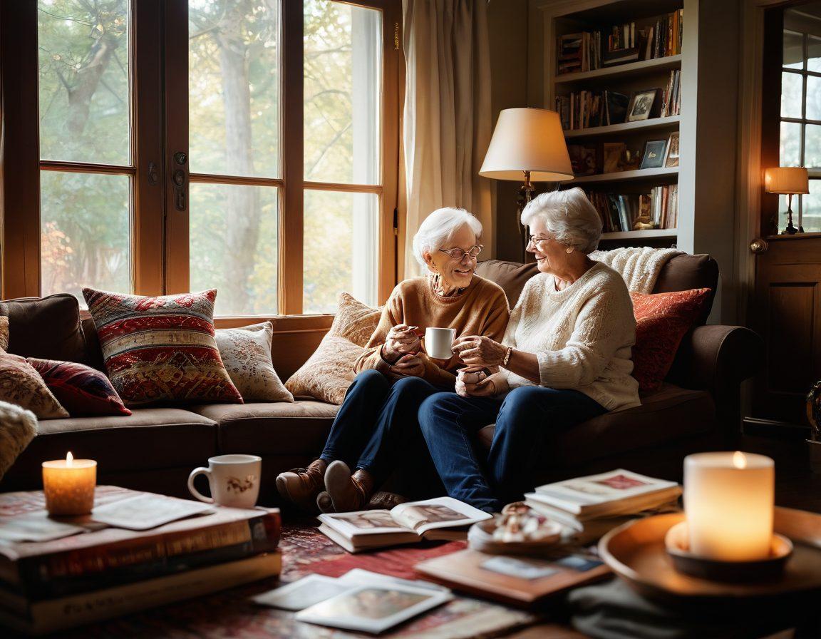 A heartwarming scene of a grandparent and grandchild sitting together in a cozy living room filled with family photos and memorabilia. The grandparent is sharing stories, with a cup of hot cocoa in hand, while the child listens intently, surrounded by colorful toys and books. Soft afternoon light filters through a window, casting a warm glow on the moment. A sense of nostalgia and legacy is captured in their expressions. super-realistic. warm tones. soft focus.