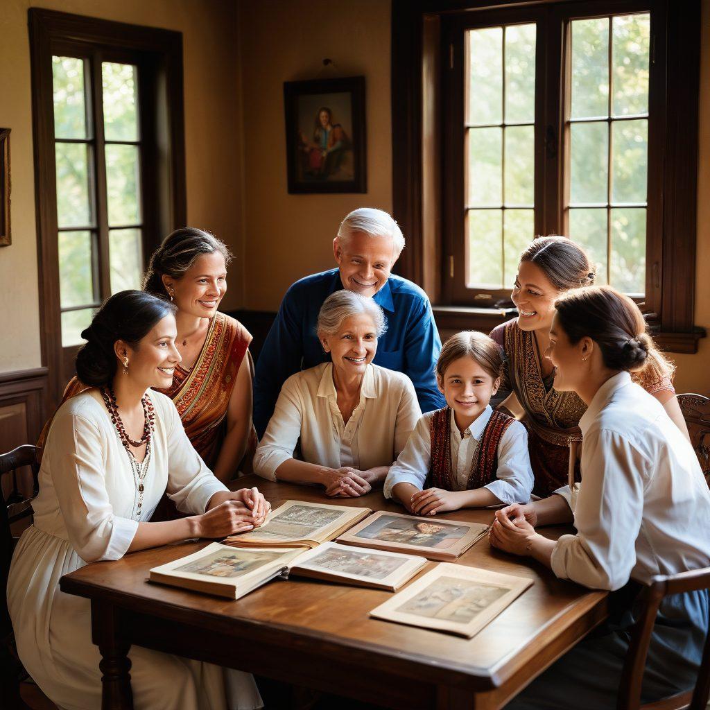 A serene family gathering around an ornate wooden table, sharing stories with the backdrop of colorful ancestral portraits on the walls. Gentle sunlight filters through a vintage window, illuminating the warm smiles and deep connections among different generations. In their hands, traditional artifacts and books reflecting rich cultural heritage. soft focus. vibrant colors. warm tones.